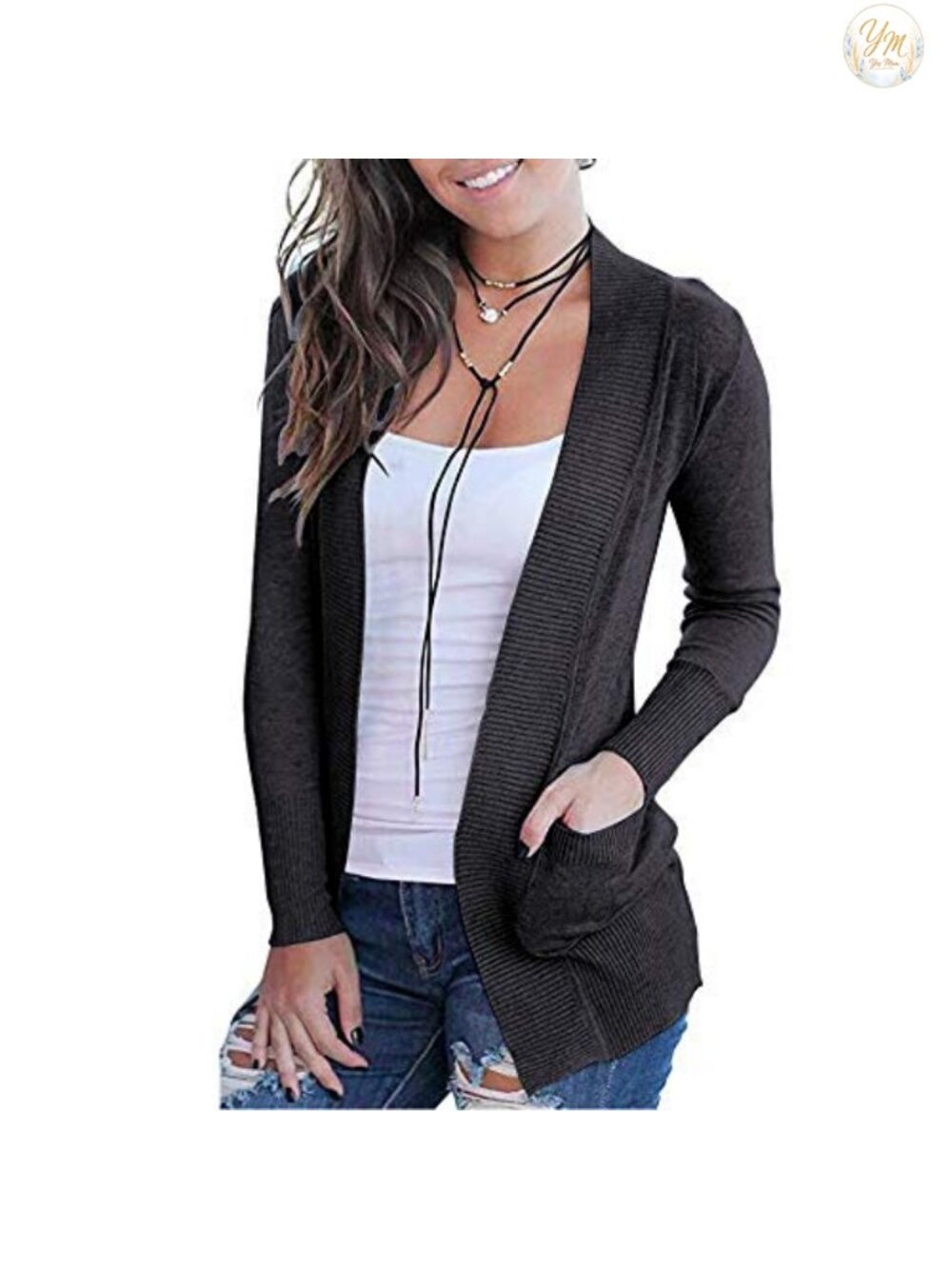 Open Front Long Sleeve Cardigan | Shawl Neck Pockets
